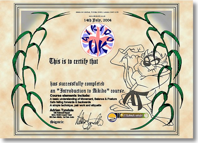 PUTTENHAM FAMILY AIKIDO CERTIFICATE